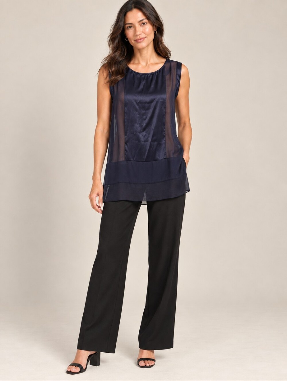 ❤️ EILEEN FISHER SILK SATIN PANEL SLEEVELESS TUNIC TOP, SP (SMALL PETITE)